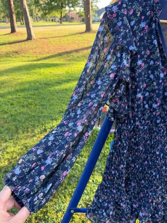 Lush Floral Smocked Mini Dress Medium Navy Blue Ruffle Long Sleeve Cottagecore - Picture 6 of 8